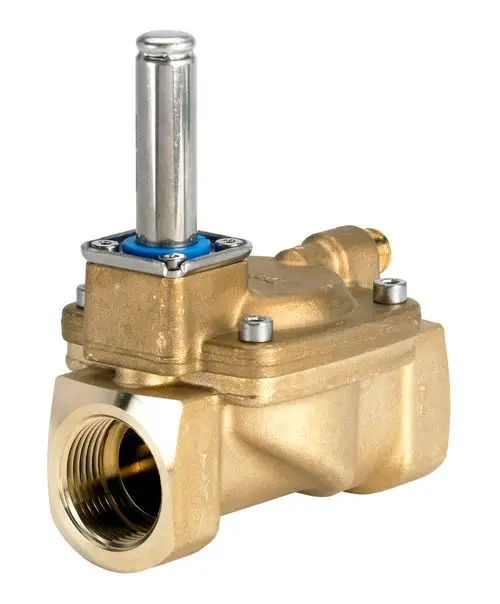 Magnetventil von Danfoss in Goldfarbe mit einem runden, vertikalen Stift. Es hat eine Anschlussmöglichkeit und ist für den Einsatz in technischen Anwendungen vorgesehen.